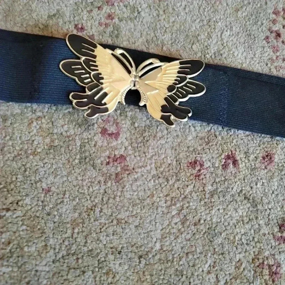 VTG 1980s Butterfly Enameled Buckle Stretch Belt  Black Size XL  41in End To End - Picture 2 of 9
